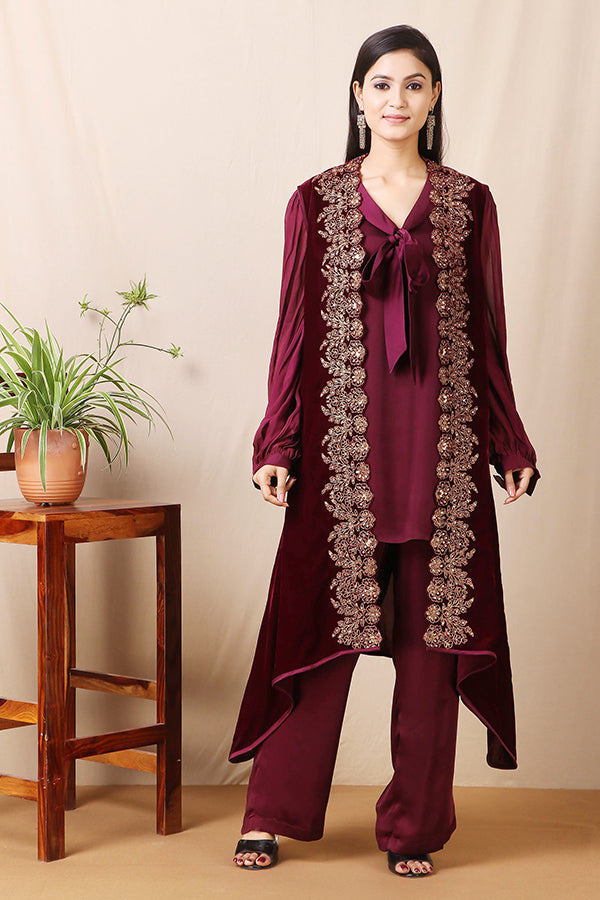 WINE COLOUR VELVET  CAPE SET WITH ZARI EMBROIDERY AAS Couture