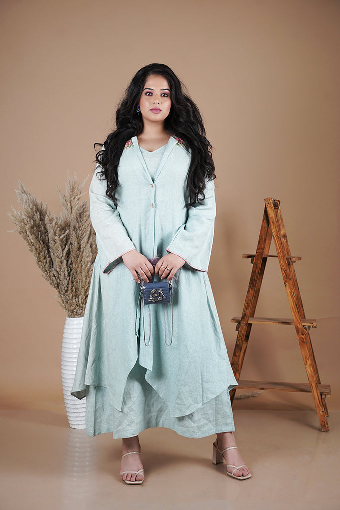 Aqua Pure Linen Dress with Cape and thread hand emb bootas AAS COUTURE