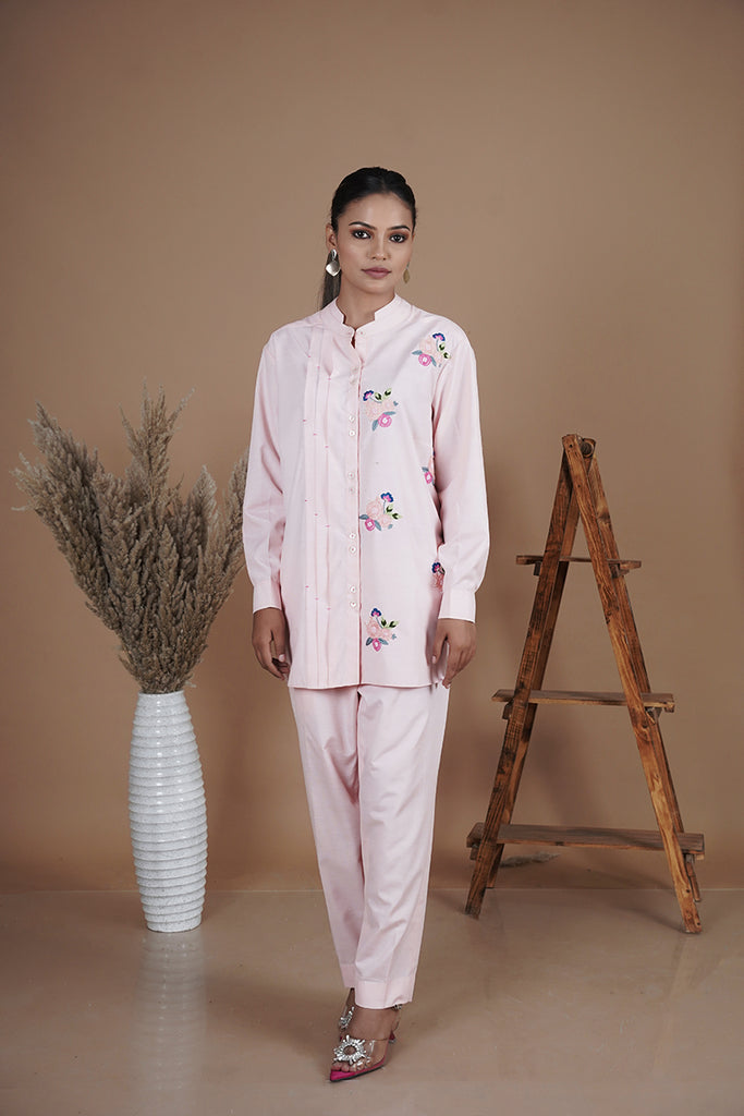 CASUAL PINK ONE SIDE PLEATS CO-ORD WITH ANCHOR EMBROIDERY AAS Couture