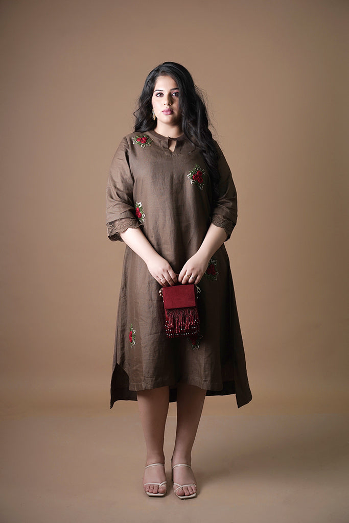 PURE LINEN BROWN DRESS WITH RED ANCHOR FLOWERS AAS COUTURE