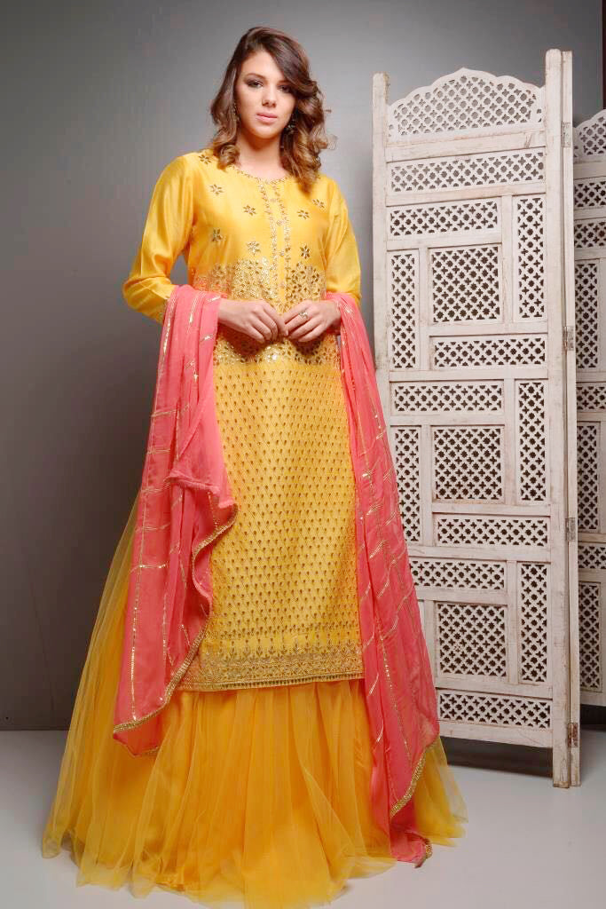 Mustard Straight Kurta With Tulle Skirt AAS COUTURE