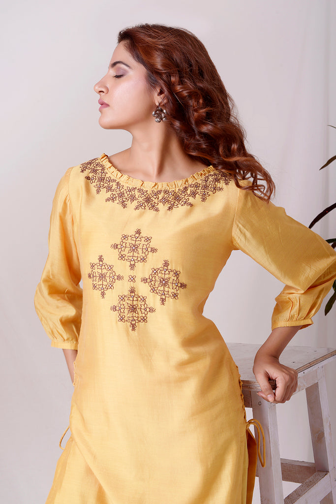 YELLOW COTTON SILK KASUTI KURTA SET  AAS Couture