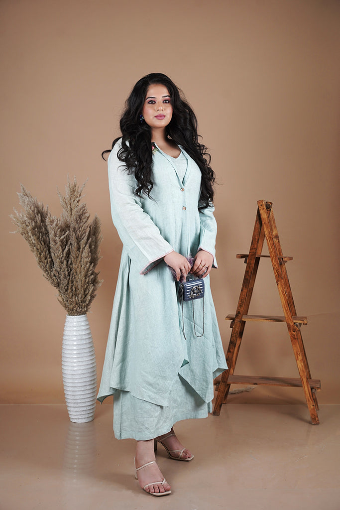 Aqua Linen Dress with Cape AAS COUTURE