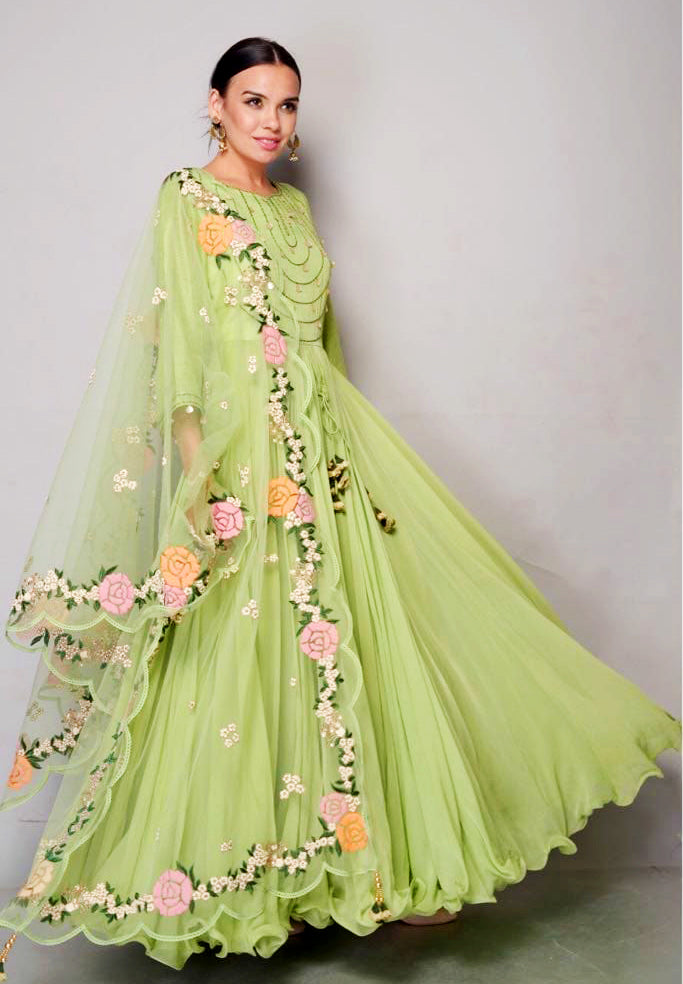 Beautiful Green Chanderi & Chiffon Anarkali  AAS Couture