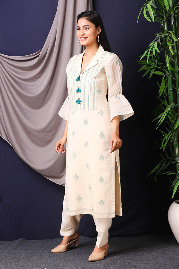 BEAUTIFUL JAMDANI CREAM & GREEN STRIPER TUNIC | AAS Couture