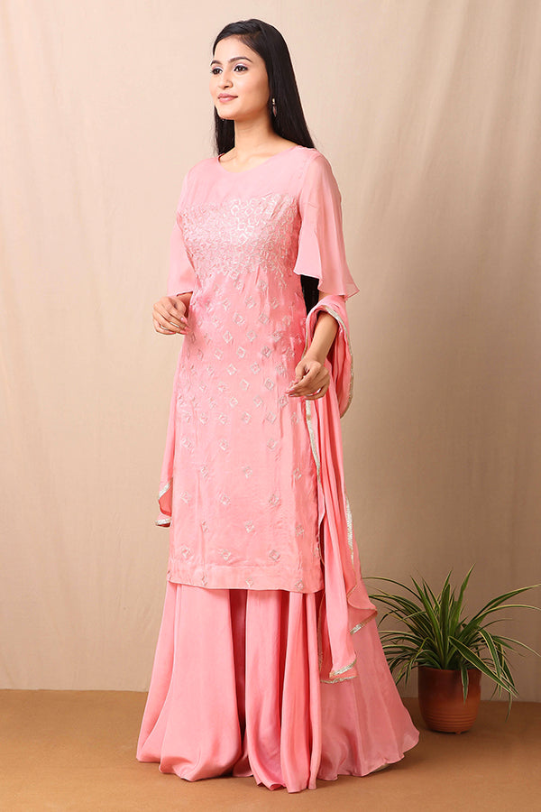 SEQUINS EMBELISHED PINK KURTA & SHARARA SUIT SET | AAS Couture