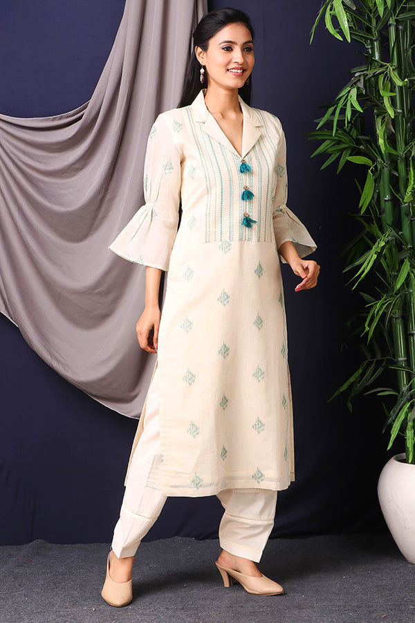 BEAUTIFUL JAMDANI CREAM & GREEN STRIPER TUNIC | AAS Couture