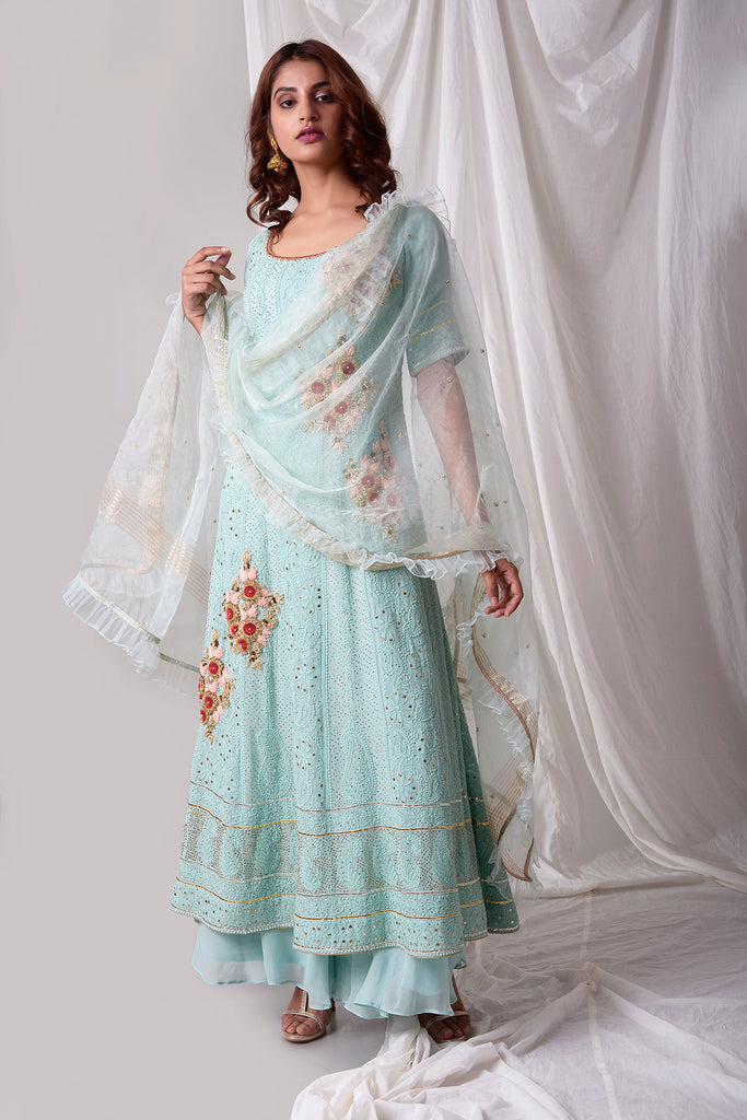 Beautiful Blue Lucknowi Suit and Sharara Set | AAS Couture