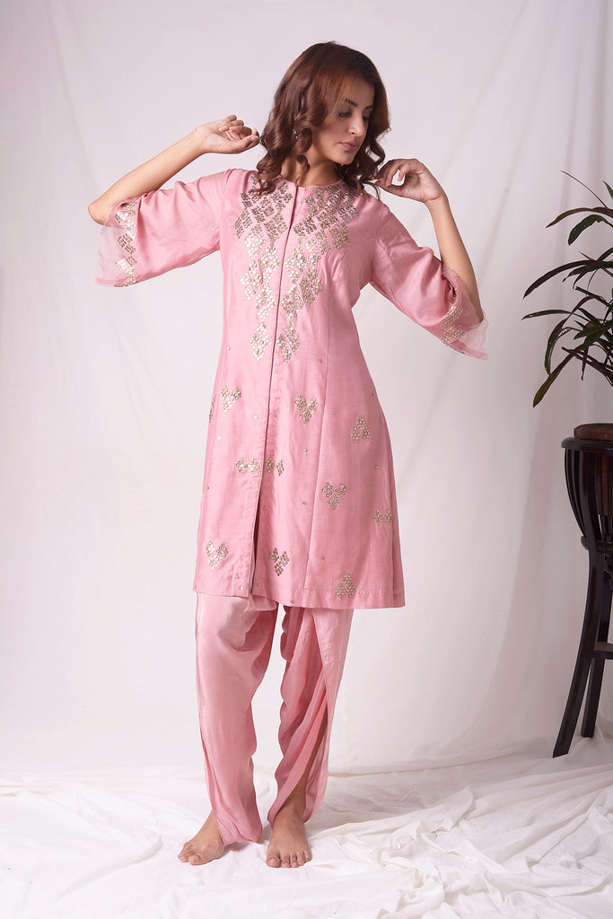 AAS Couture Pink Cotton Silk  Front Slit Kurta with Dhoti 