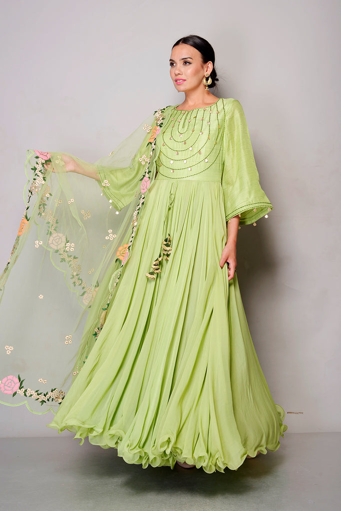 Green chanderi & chiffon anarkali AAS Couture