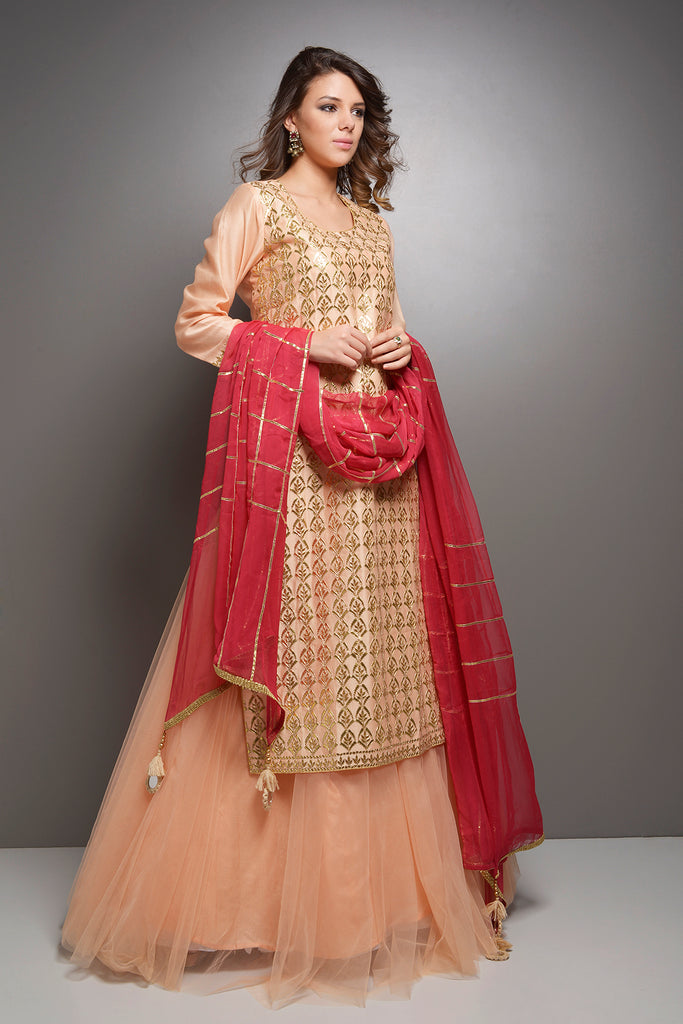 Peach Gota Patti Jaal Kurta With Skirt AAS Couture