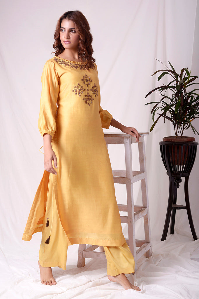 yellow cotton silk kurta set AAS Couture