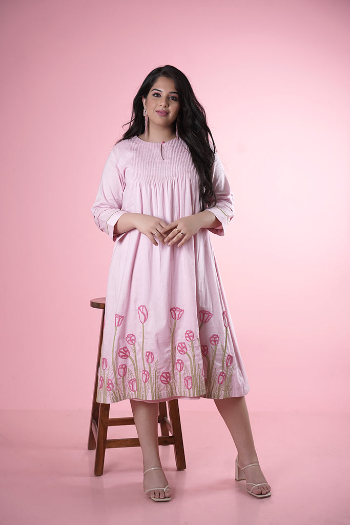 Pure cotton malmal baby pink dress with thread Tulip embroidery dress AAS COUTURE