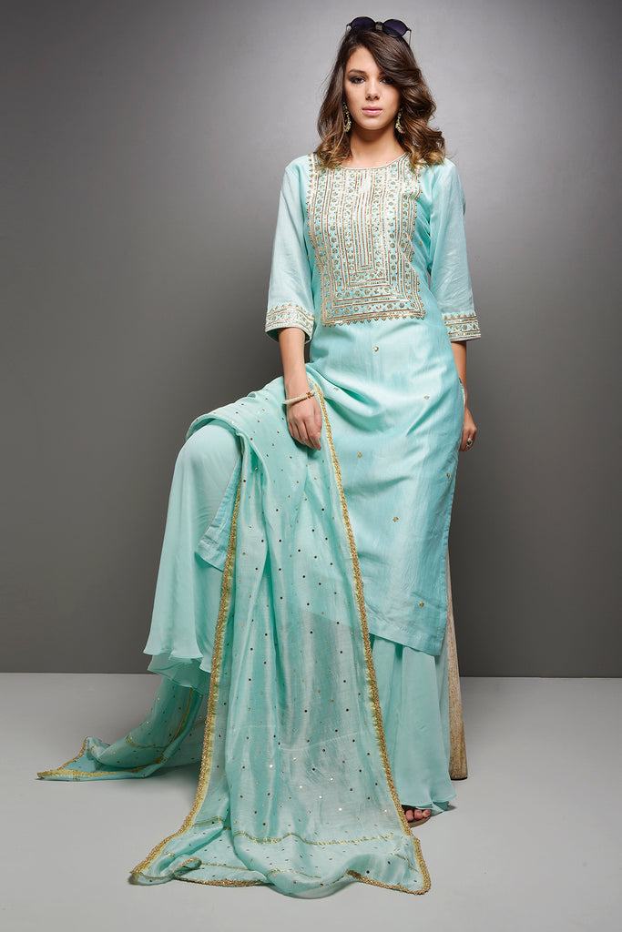 Traditional Charm: Turquoise Kurta with Gota Patti and Mukaish Dupatta AAS Couture