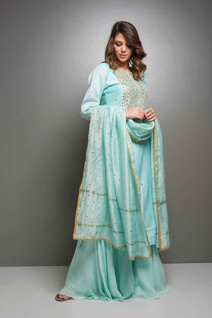 Turquoise Gota Patti Kurta Set with Mukaish Dupatta and Sharara AAS COUTURE