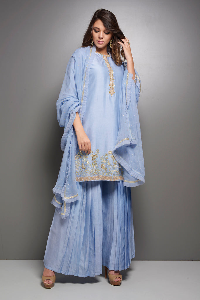 Sky Blue Zari Embroidered Chanderi Kurta with Sharara AAS Couture