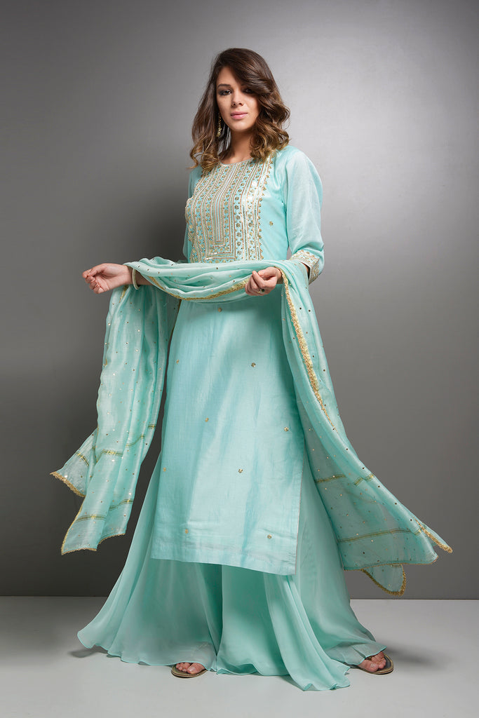 Turquoise Kurta With Mukaish Dupatta And Sharara Set AAS COUTURE