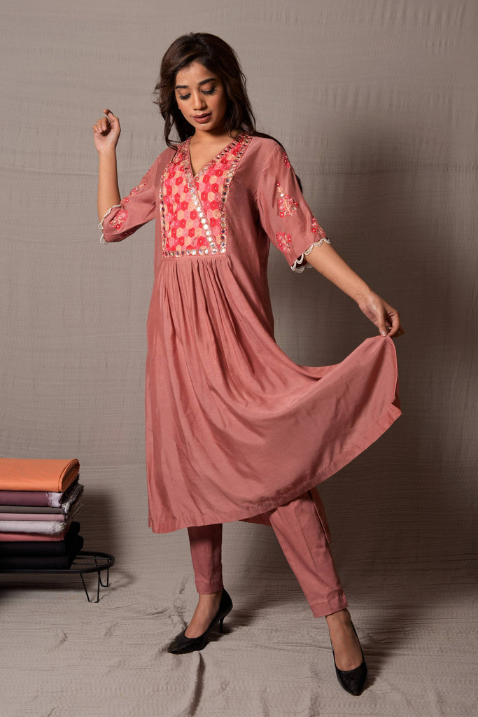 Ash Rose Kurta with Cigarette Pants ( Mirror Work Front Gathered ) | AAS Couture