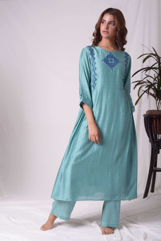 BEAUTIFUL BLUE COTTON SILK KASUTI EMBROIDERY KURTA SET  AAS COUTURE