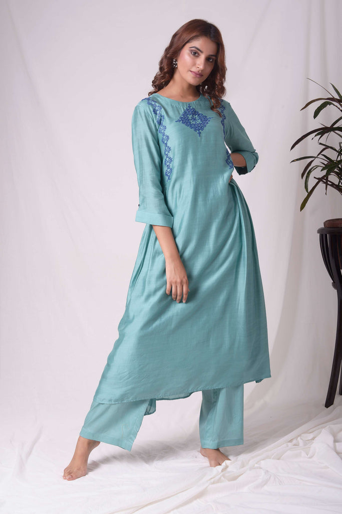 COTTON SILK KASUTI EMBROIDERY KURTA SET  AAS COUTURE