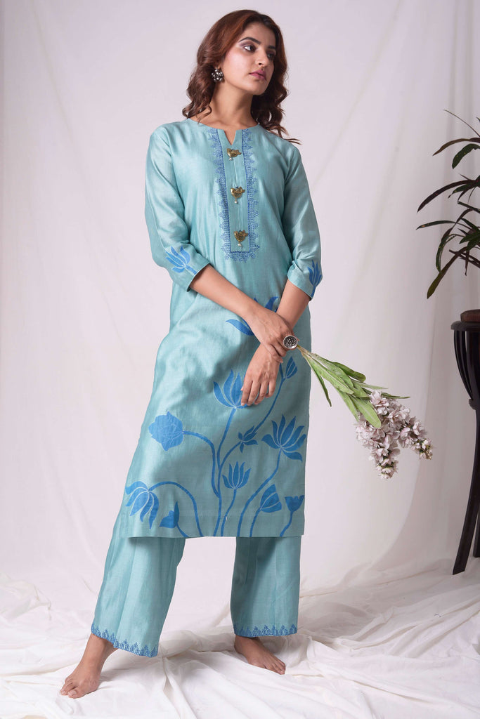 BEAUTIFUL BLUE LOTUS PATCHED KURTA SET AAS COUTURE