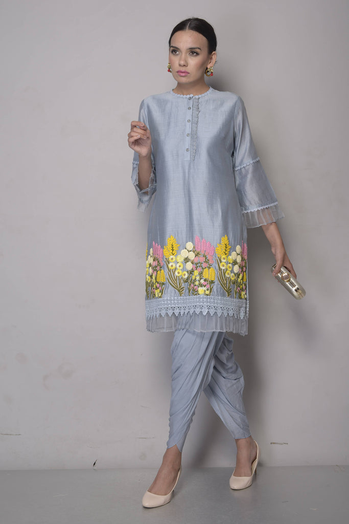 BEAUTIFUL GREY PURE CHANDERI KURTA SET WITH DHOTI AAS Couture