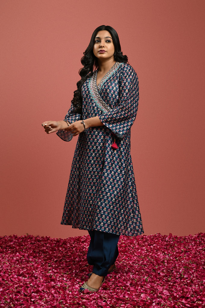 Blue Silk Chanderi Angrakha Kurta Set Digital Print Kutch Embroidery