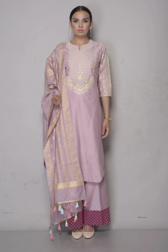 Chanderi Kurta Dori & Gota Embroidery with Plazzo & Banarasi Dupatta  AAS Couture