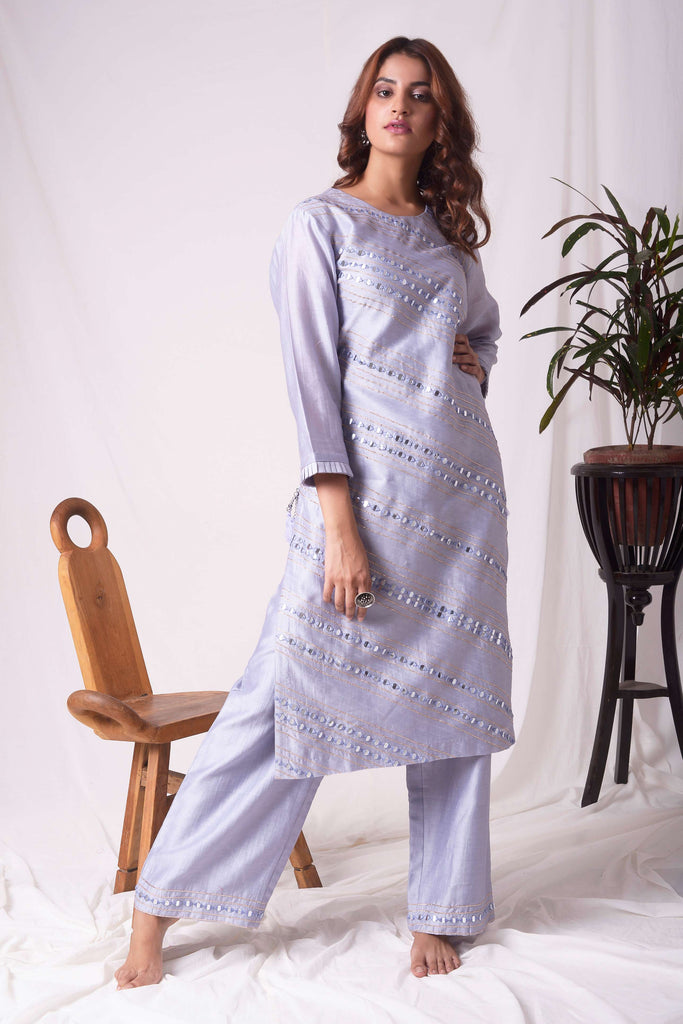 Grey Mirror Work Chanderi Kurta with Pants  AAS Couture