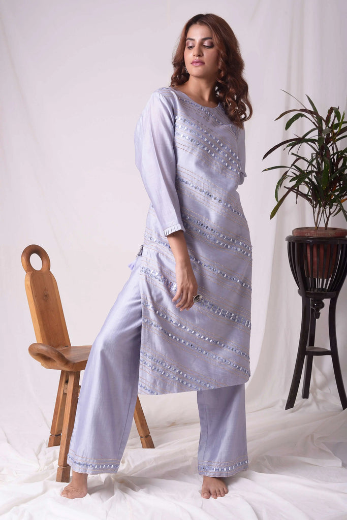 Classy Blue Chanderi Kurta and Pant Set (Mirror Work) | AAS Couture