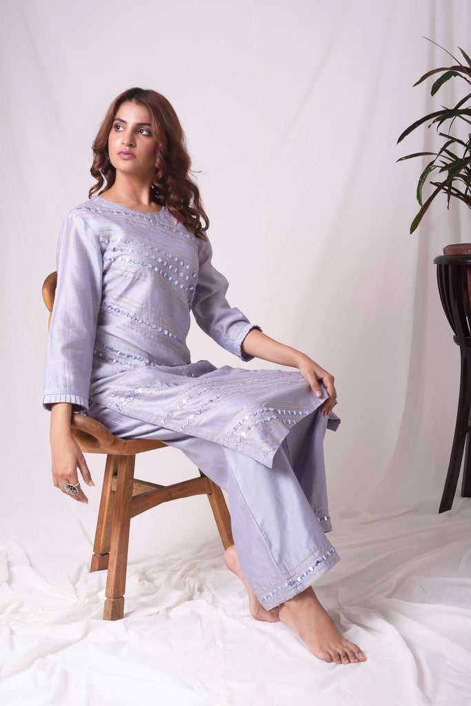 Classy Blue Chanderi Kurta and Pant Set (Mirror Work) | AAS Couture