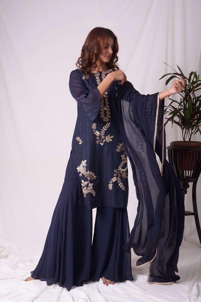 Blue Chanderi Gota Embroidery Kurta with Garara Suit AAS Couture