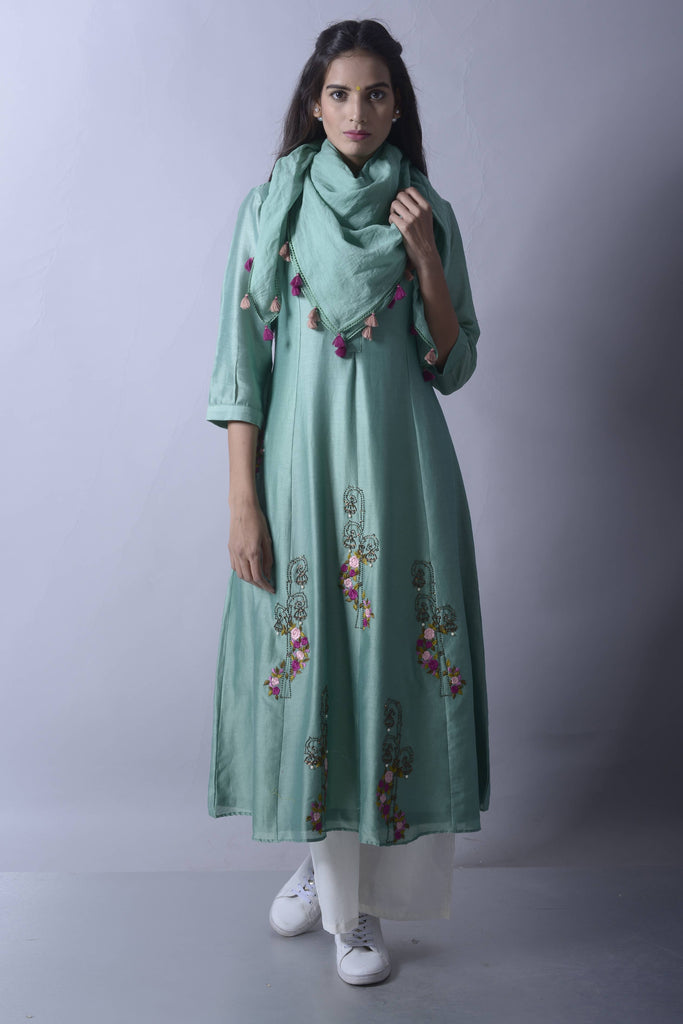 Teel Green Flare Chanderi Kurta, Plazzo with Scarf  AAS Couture