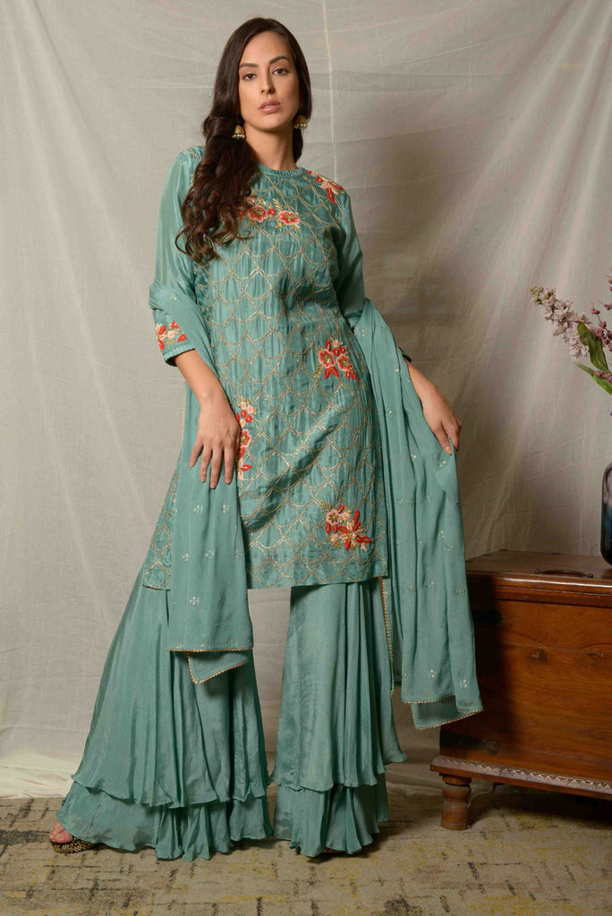 Teel Blue Silk Gota Work Kurta with Garara & Dupatta AAS Couture