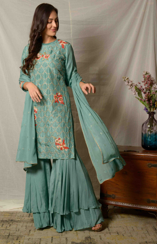 Classy Blue Silk Gota Work Kurta and Garara Set | AAS Couture