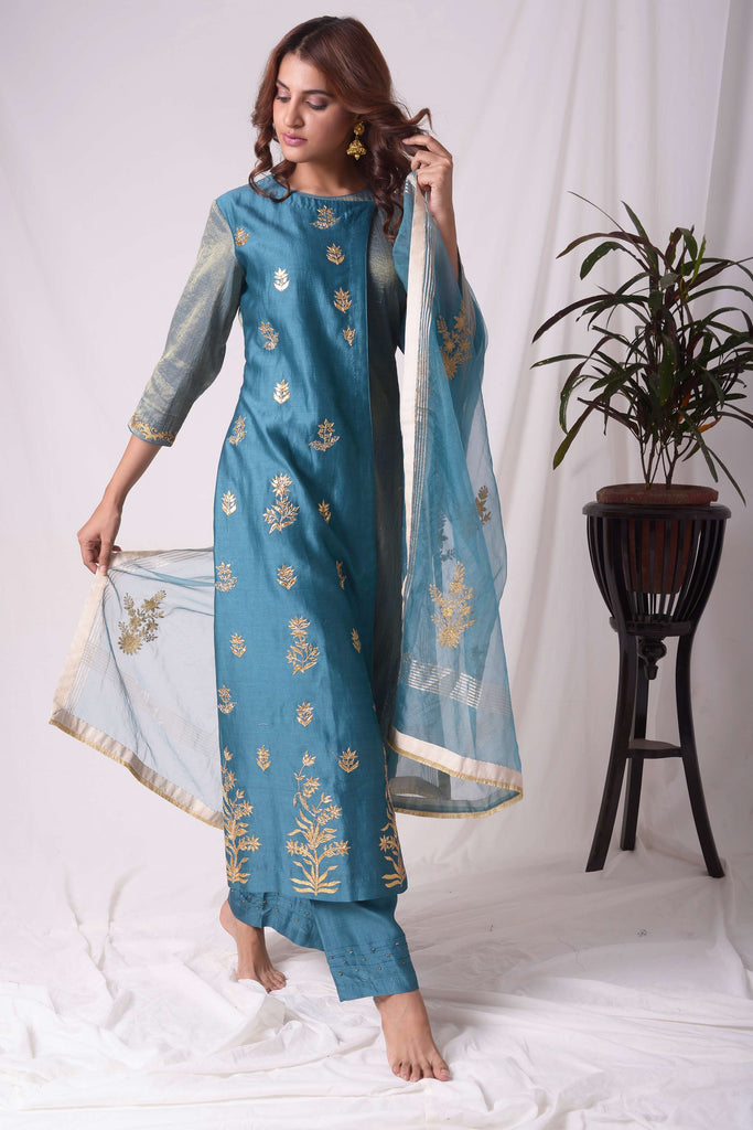 Classy Blue Tissue Chanderi Gota Work Suit Set | AAS Couture