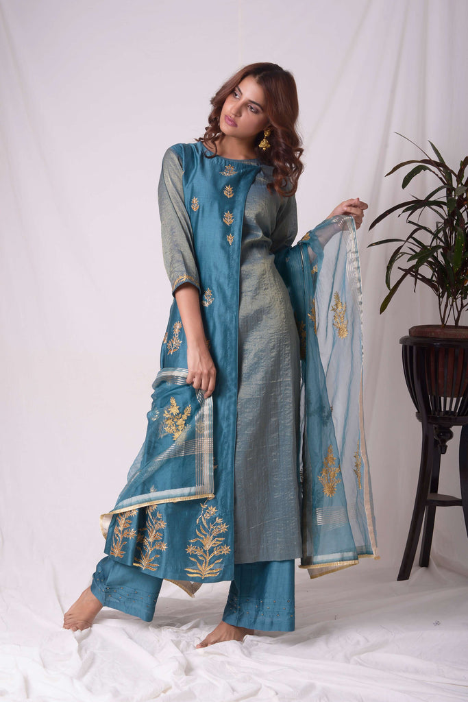 Classy Blue Tissue Chanderi Gota Work Suit Set | AAS Couture