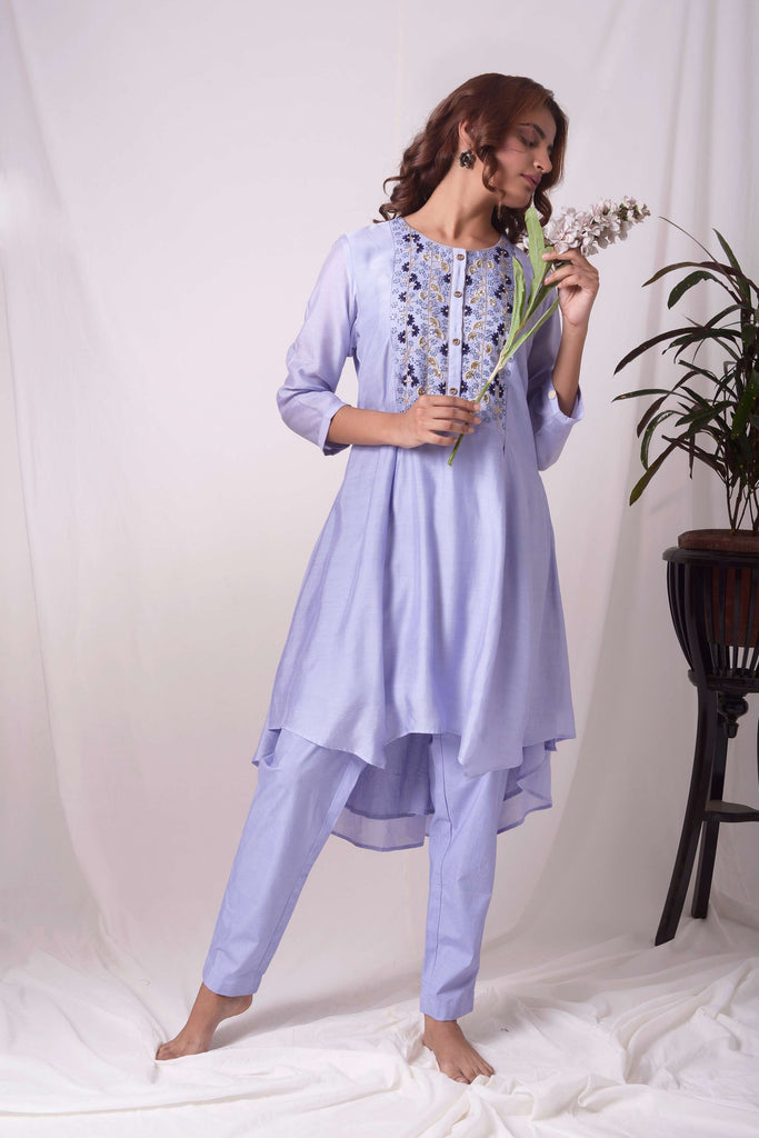 Classy Chanderi Blue Kurta Set (Asymmetrical Hem) | AAS Couture