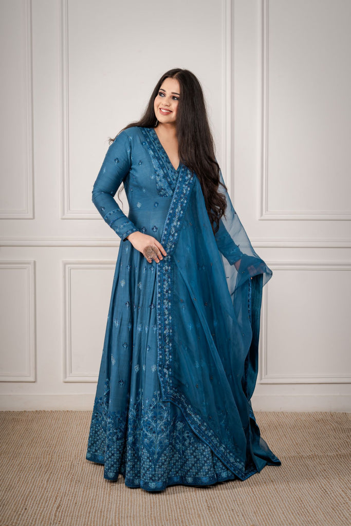 Teal Blue Silk Chanderi Anarkali with Shaded tonal thread aari embroidery AAS Couture