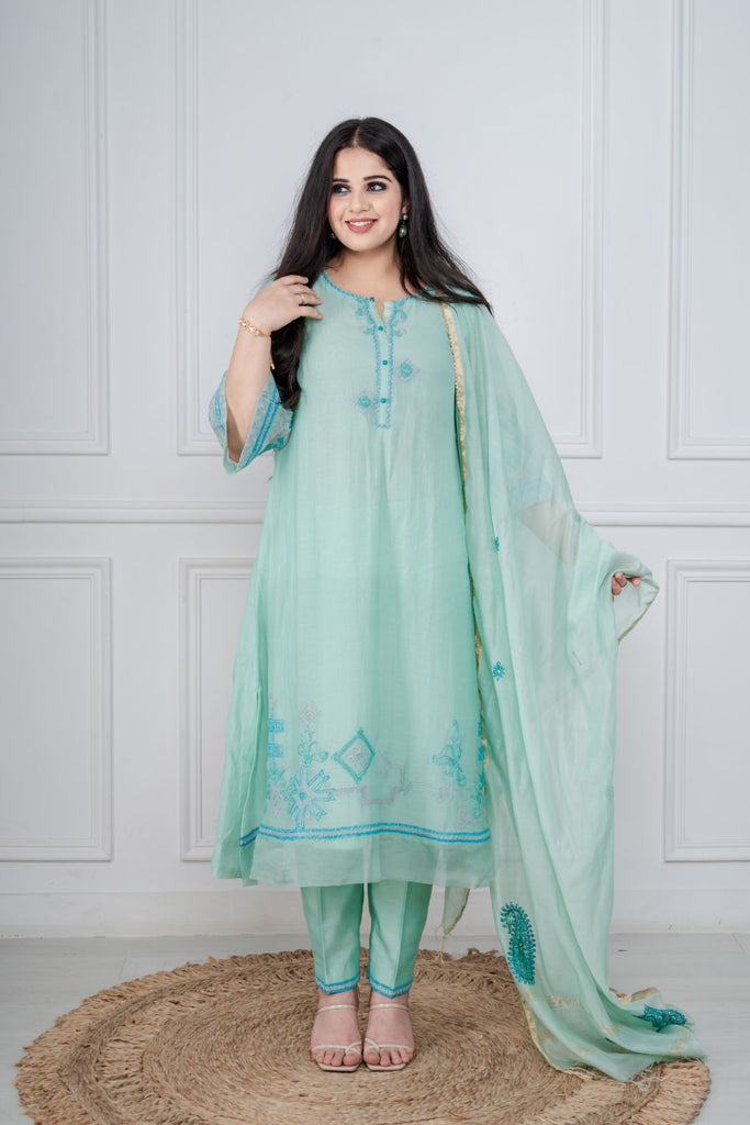 SEA GREEN MERCERISED SILK CHANDERI SUIT WITH KASHMIRI DUPATTA AAS COUTURE