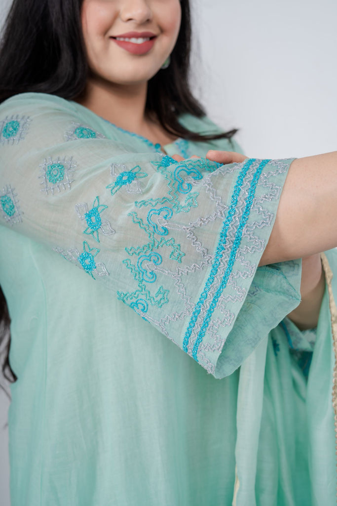 Sea Green silk Chanderi suit set with Kashmiri dupatta AAS Couture