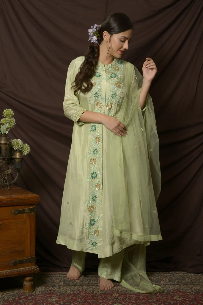 Exclusive Green A-line Silk Suit Set | AAS Couture