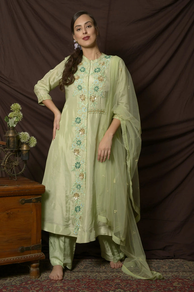 Exclusive Green A-line Silk Suit Set | AAS Couture