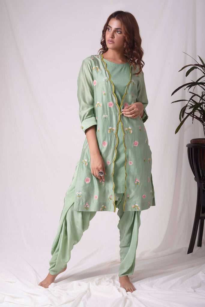 EXCLUSIVE GREEN COTTON SILK JACKET SUIT SET  AAS COUTURE