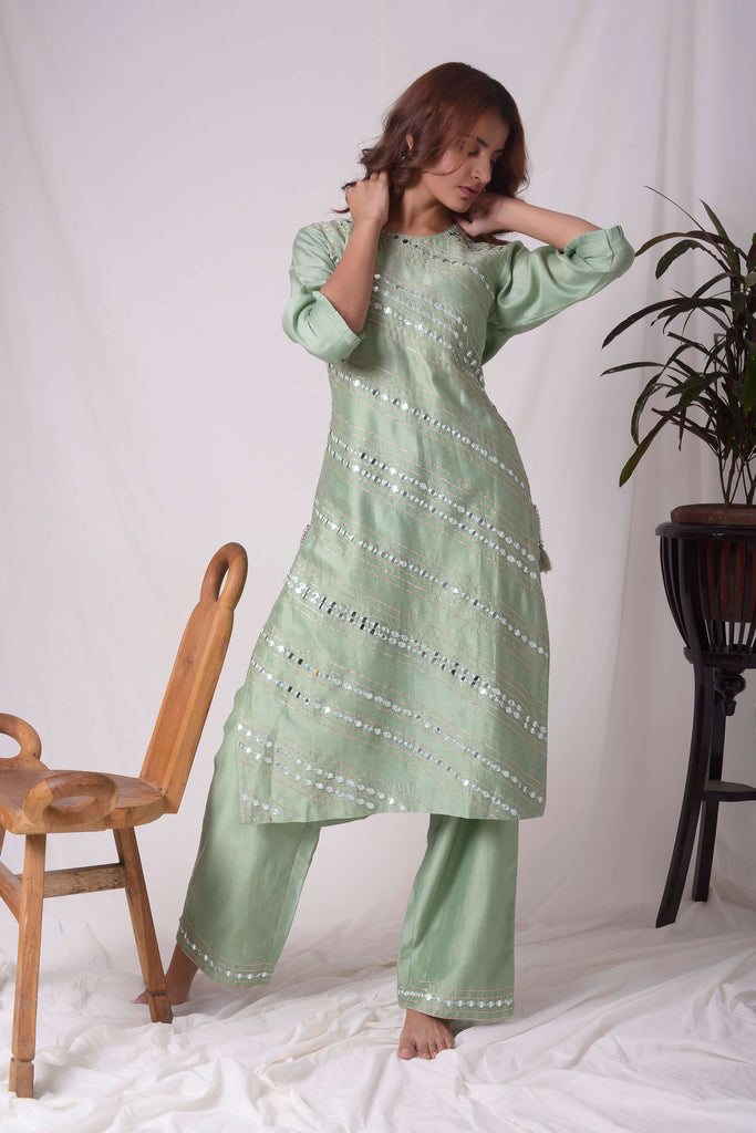 Green Mirror Work Chanderi Kurta with Pants  AAS Couture