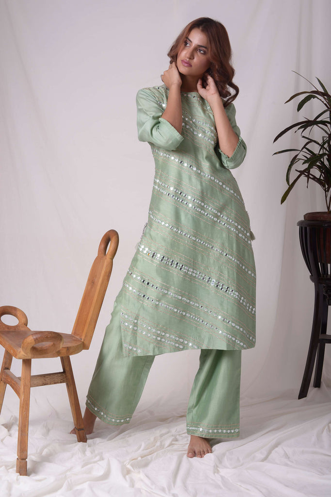 Green Mirror Work Chanderi Kurta with Pants  AAS Couture