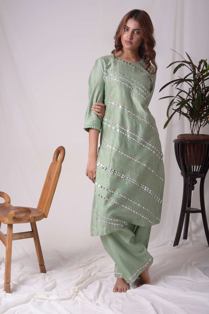 Green Mirror Work Chanderi Kurta with Pants  AAS Couture