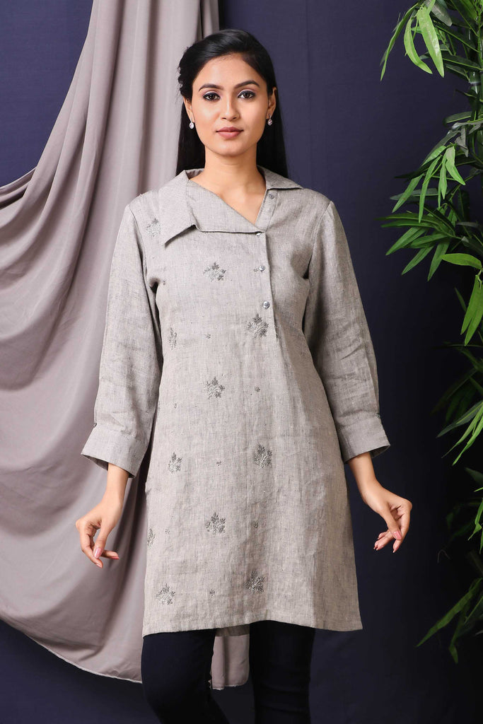 GREY LINEN SHIRT WITH CUT DANA EMBROIDERY WITH PANTS  AAS Couture