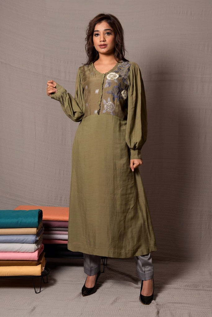 Green Puff Sleeves Kurta Set AAS Couture