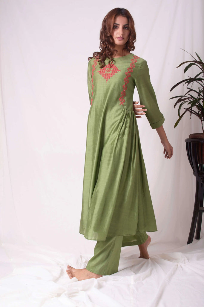 GORGEOUS GREEN COTTON SILK KASUTI KURTA SET AAS Couture